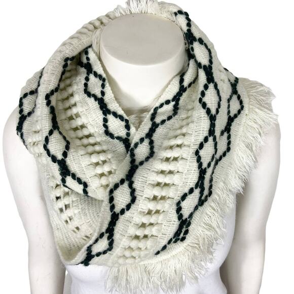 Southwestern Infinity Scarf Ivory‎ Navy Geometric Fringe Boho - Picture 1 of 10